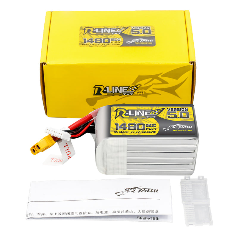 Tattu R-Line Version 5.0 1480mAh 6S 150C 22.2V Lipo Battery Pack with XT60 Plug