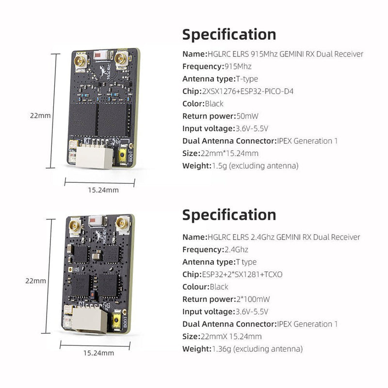 HGLRC ELRS GEMINI RX dual receiver 2.4G/915Mhz